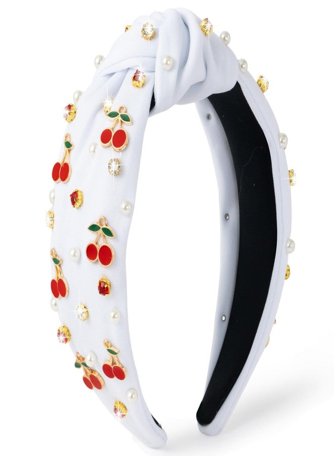 PANTIDE Cherry Jeweled Knotted Headband - Red Cherry Cute Charms Rhinestone Pearl Embellished Headband Wide Top Knot Non Slip Fashion Hairband Hair Accessories Birthday Gift for Women Girl (White) - Image 1